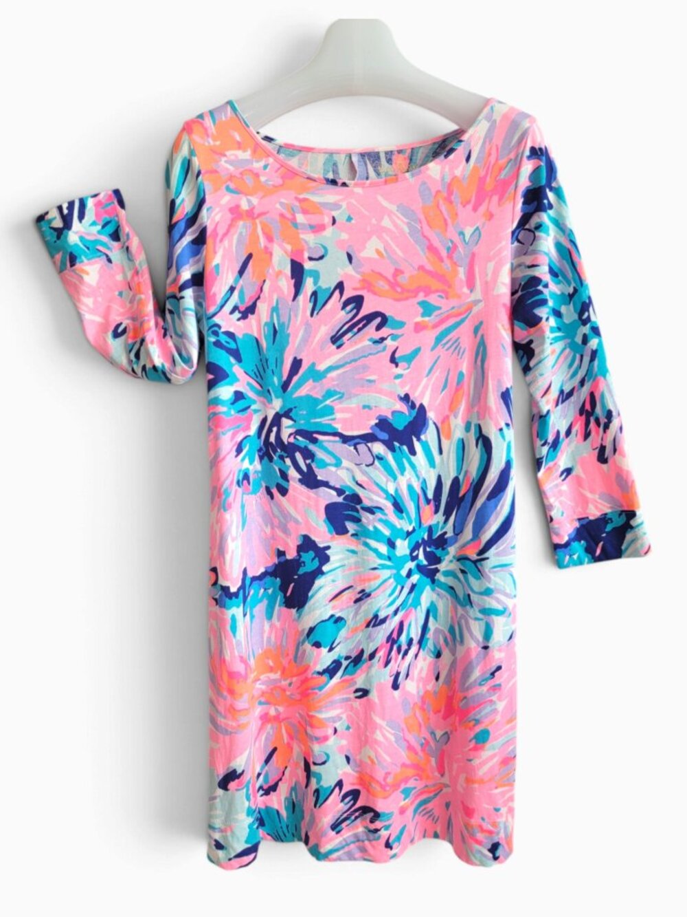 Lilly Pulitzer M Floral Cotton Shift Dress Pink Blue 3/4 Sleeve Resort Preppy